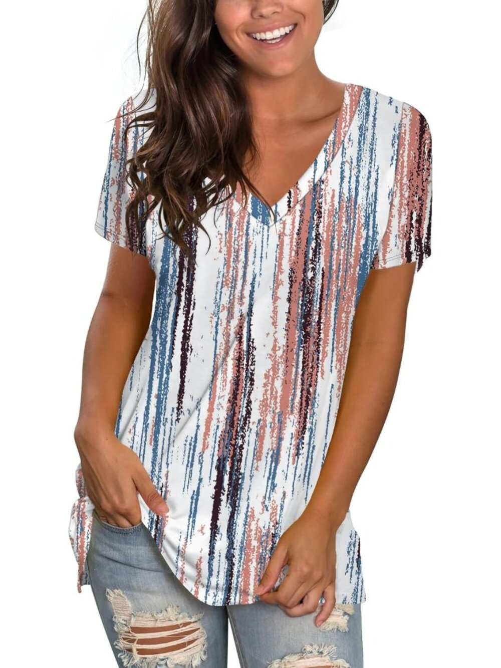 〽️Women White Basic V Neck Tee Loose Fitting Casual Short Sleeve Tops T Shirt
